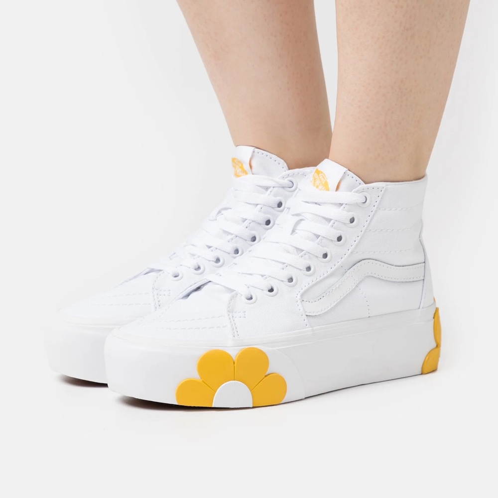 Vans Sk8 Hi StackformWhite High-Top Platform Sneakers with Yellow Flower Accents